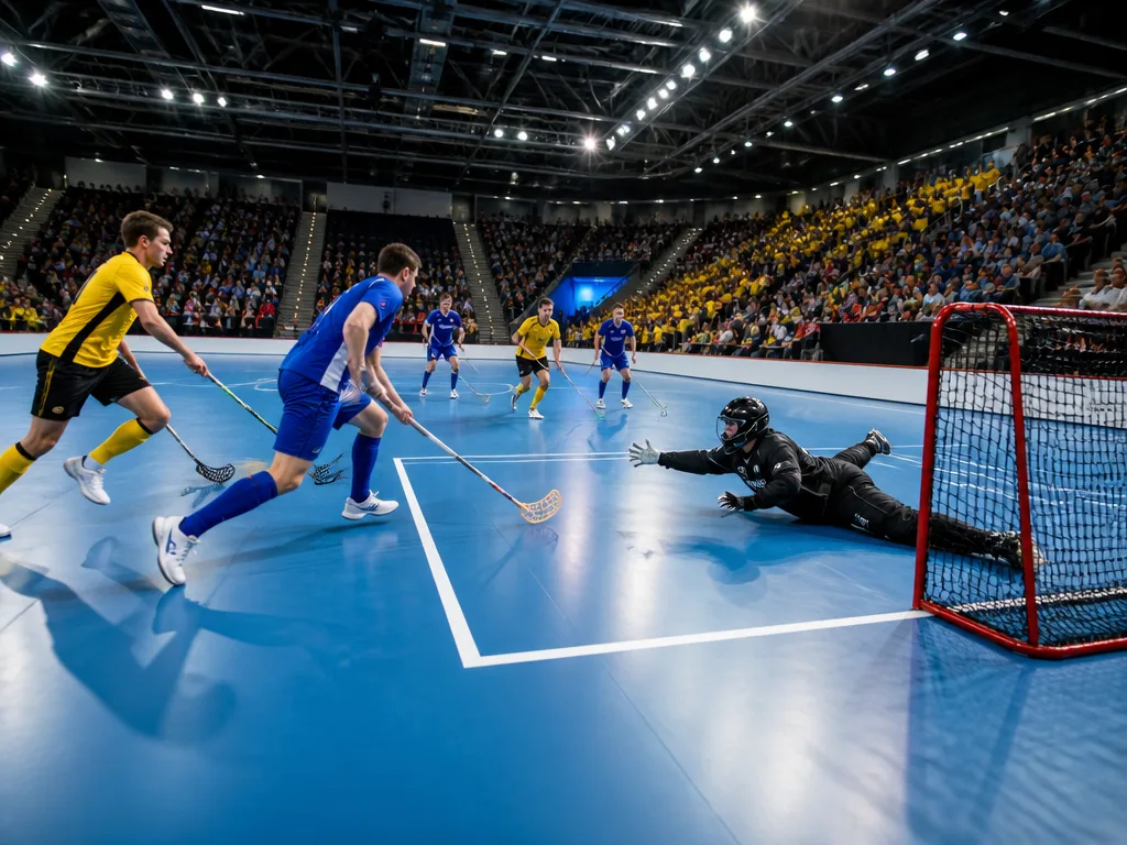 Innebandymatch i en modern arena med spelare i färgglada tröjor och en målvakt som kastar sig mot bollen