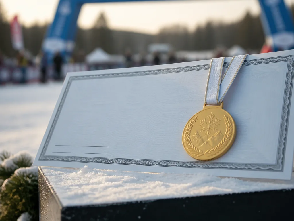 Prischeck och guldmedalj vid en snötäckt målgång för ett längdskidlopp