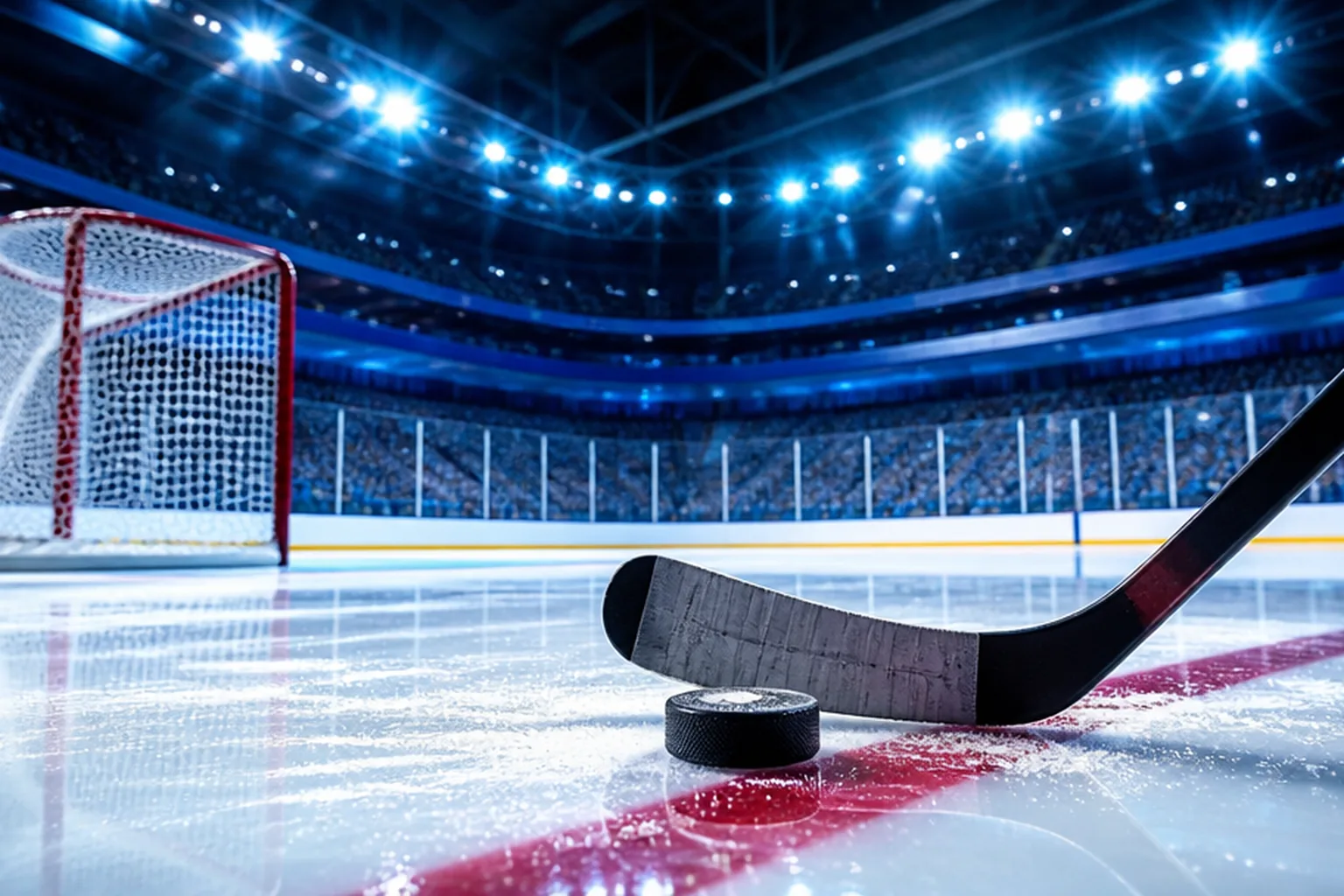 Ishockeyrink upplyst av strålkastare med tom åskådarläktare i bakgrunden