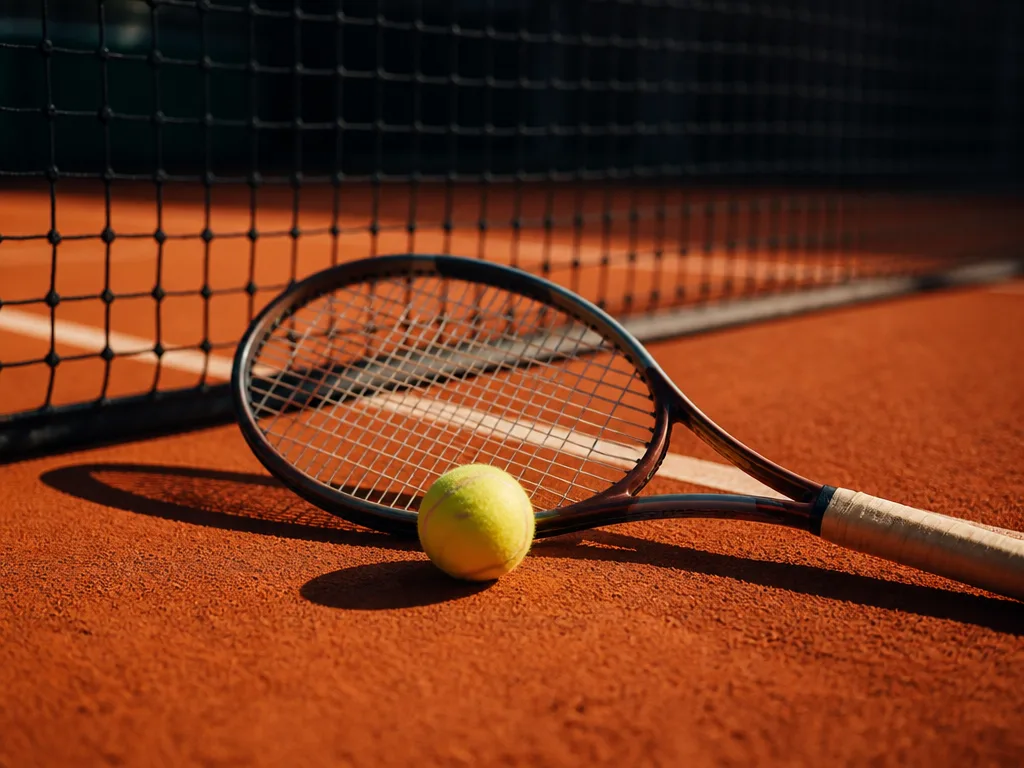 Tennisracket och tennisboll på grus nära nätet på en tennisbana