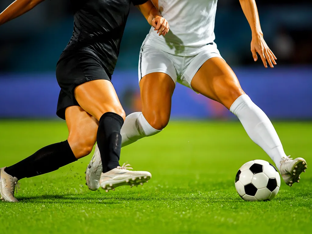Fotbollsmatch på grön plan under ljusa stadionljus