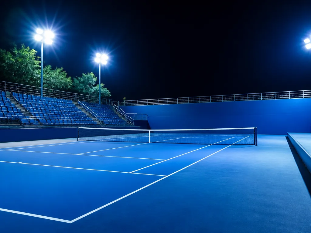 Upplyst tennisbana med hardcourt-underlag under strålkastare på en kvällsmatch