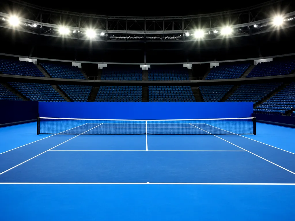 Tennisbana i hardcourt under skarpt strålkastarljus på en stor arena i skymningen