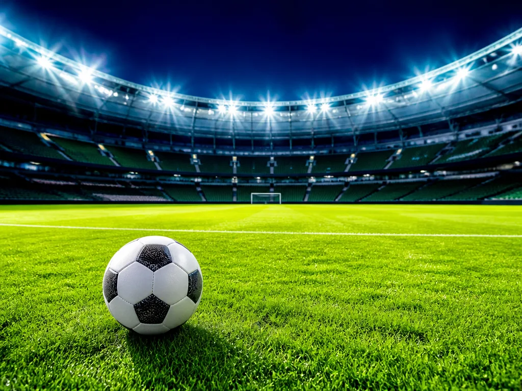 En fotboll på en grön gräsplan under starka strålkastare på en fotbollsarena