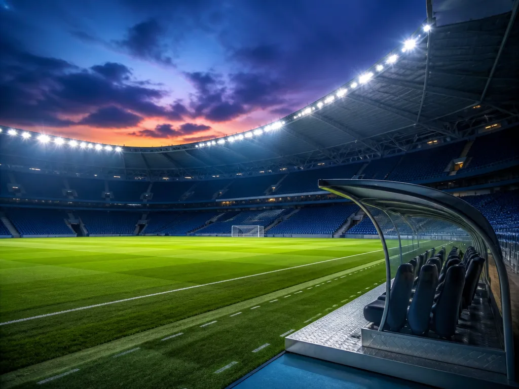 Tom fotbollsarena i kvällsljus med strålkastare tända, symbol för ett tränarbyte i Superettan.