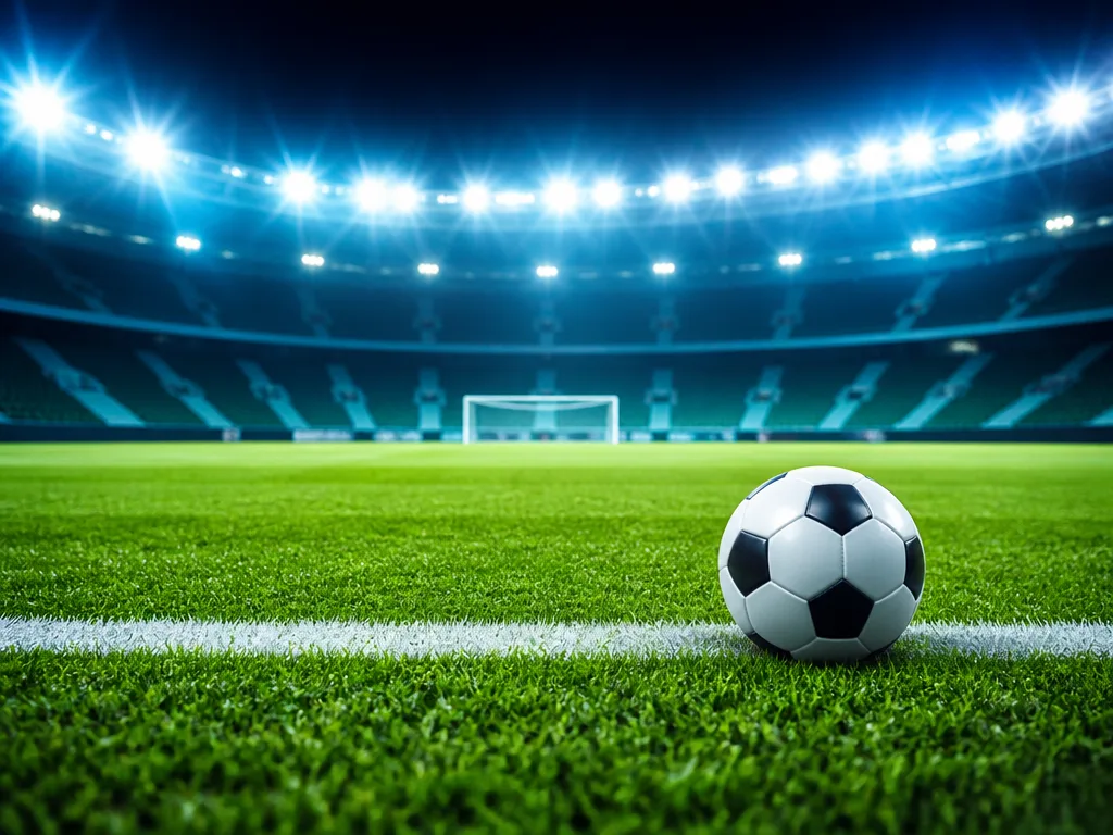 Fotboll på en grön plan under stadionljus