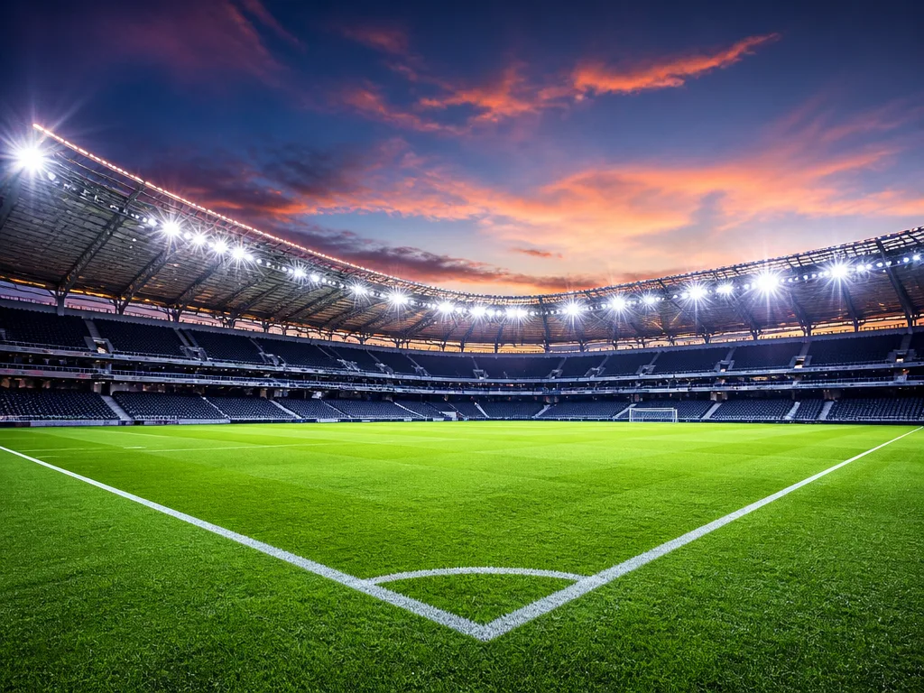 Fotbollsarena i kvällsljus med tomma läktare och grön plan under strålkastare