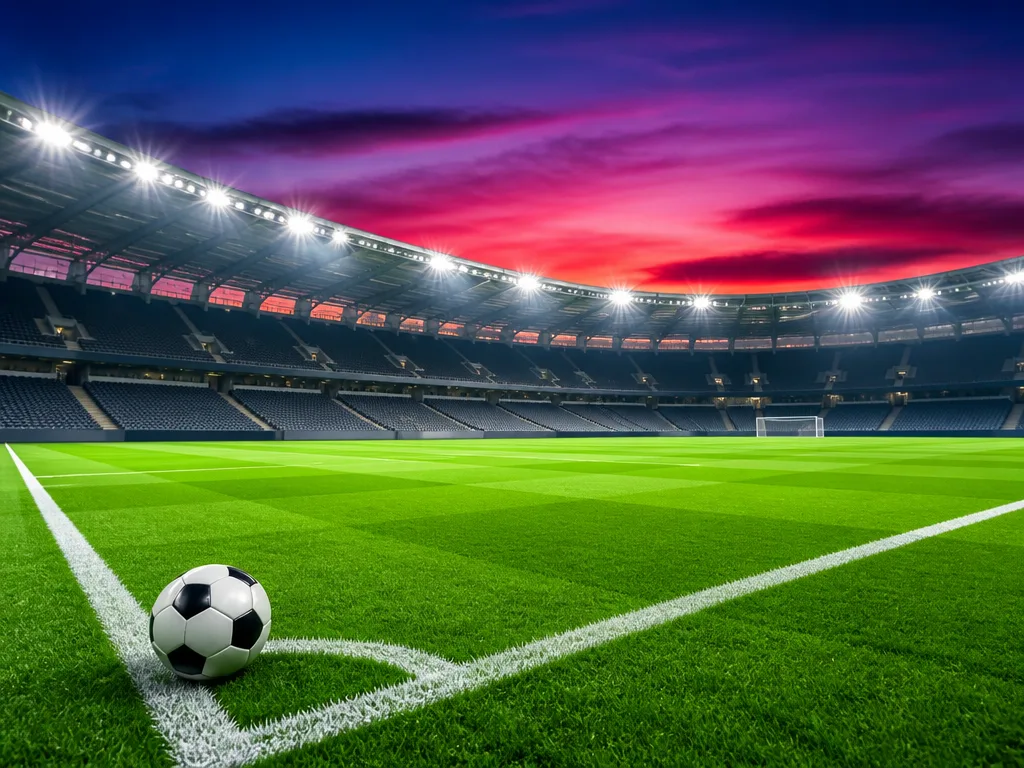 Fotbollsarena i kvällsljus med grön plan under strålkastare och tomma läktarrader