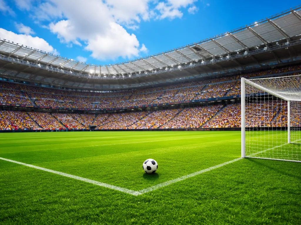 Solbelyst fotbollsarena med grön plan, en boll vid straffområdet och fullsatta läktare i bakgrunden