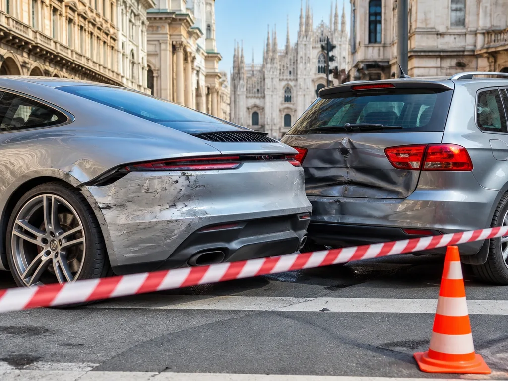 Två bilar med skadade stötfångare på en gata i Milano efter en trafikolycka, med avspärrningsband och trafikkon