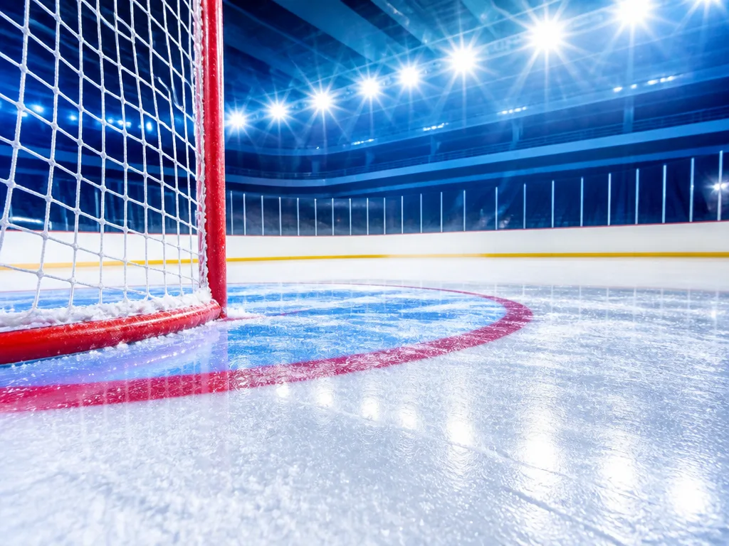 Upplyst ishockeyrink med vit is och glödande sarg i en arena