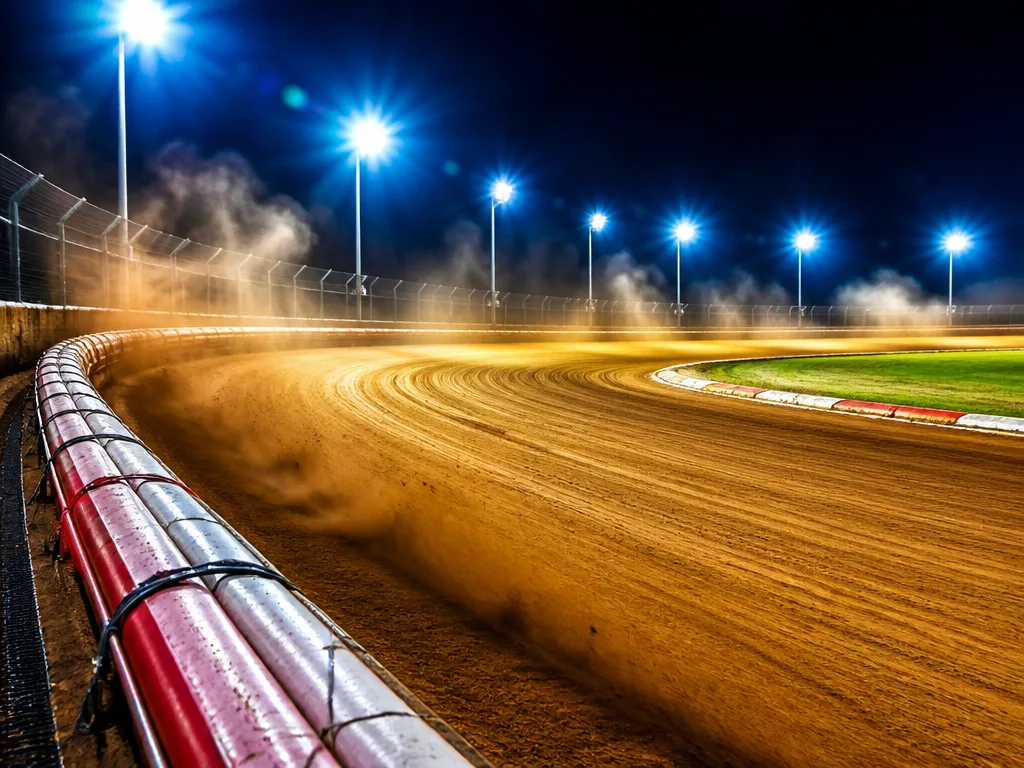 Speedwaybana i grus upplyst av strålkastare med publikläktare i bakgrunden