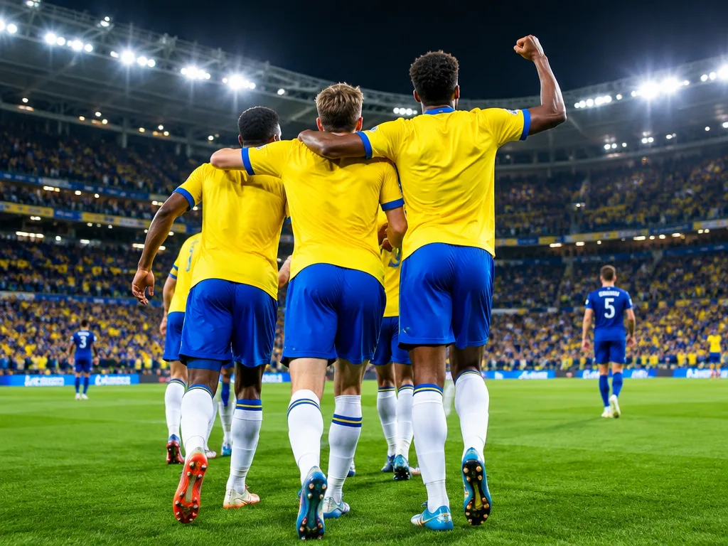 Fotbollsspelare i gula tröjor och blå byxor firar ett mål framför en fullsatt arena i strålkastarljus