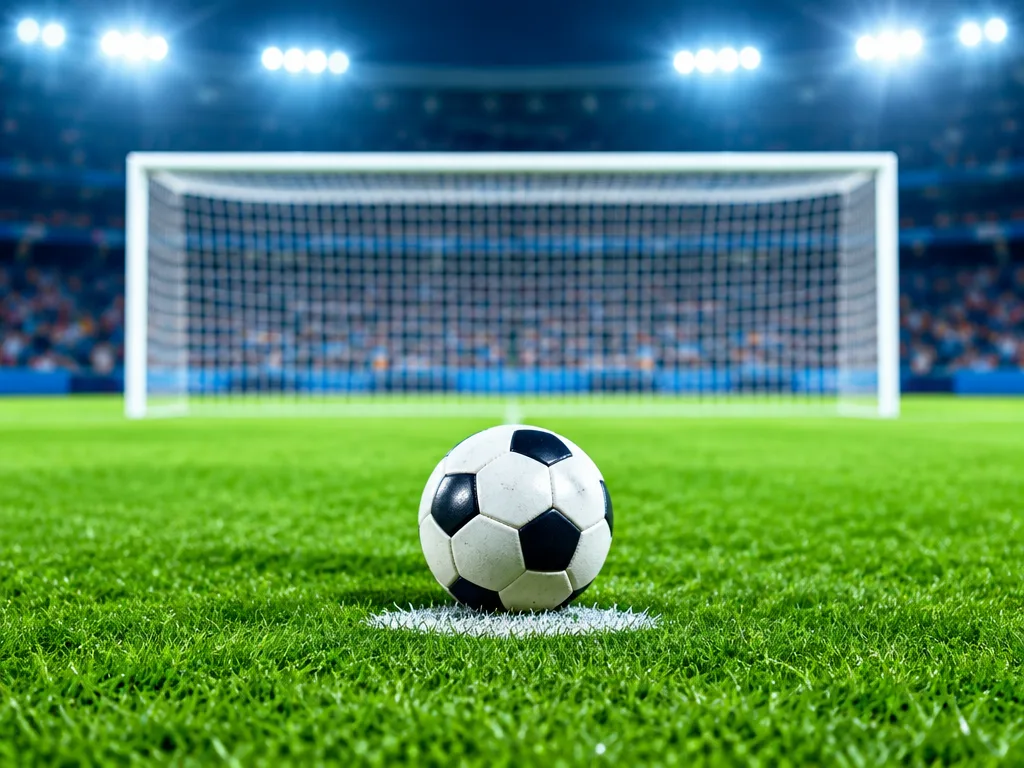 En fotboll på straffpunkten framför ett mål på en upplyst arena med fullsatta läktare