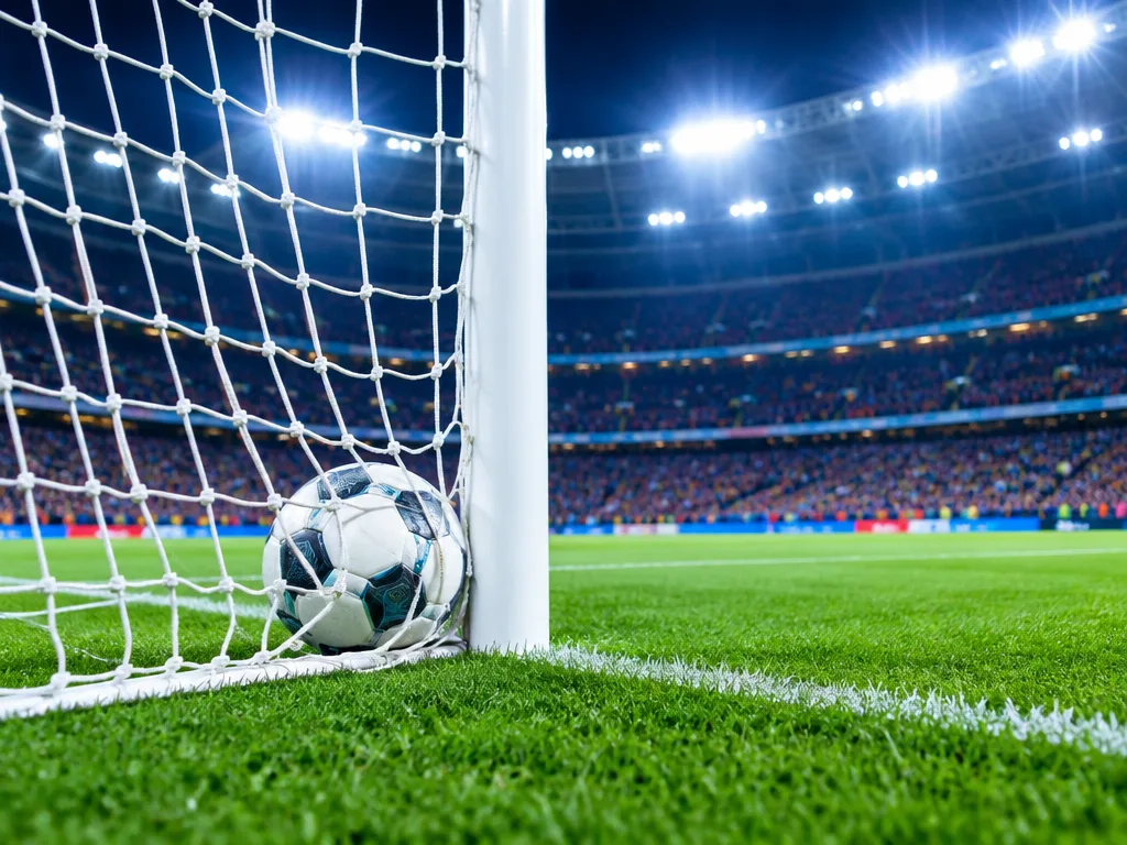 En fotboll rullar in i målets nedre hörn under strålkastarljus på en fotbollsarena