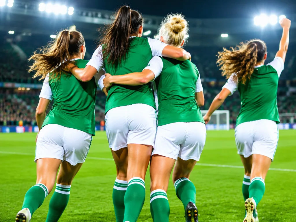 Fotbollsspelare i grönvita matchställ firar ett mål tillsammans på en strålkastarbelyst arena