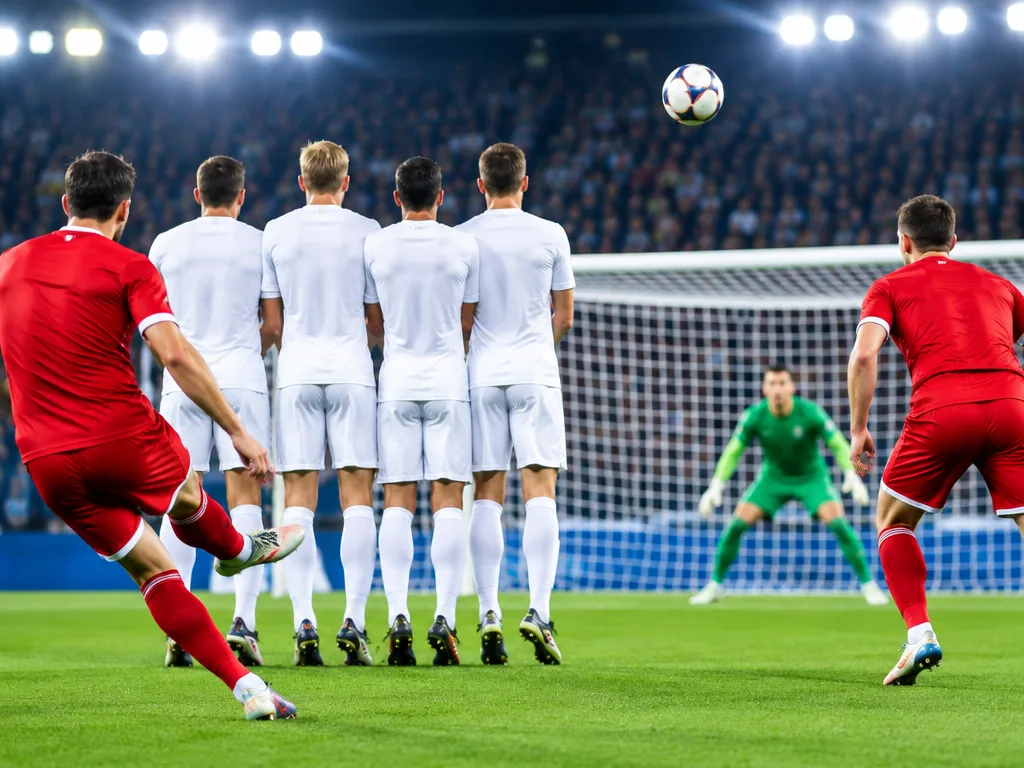 En frispark skruvas över en mur mot målet under starkt strålkastarljus på en fotbollsarena