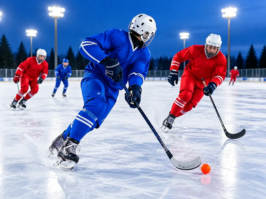 Bandyspelare med klubbor jagar den orange bollen på en strålkastarbelyst bandyplan