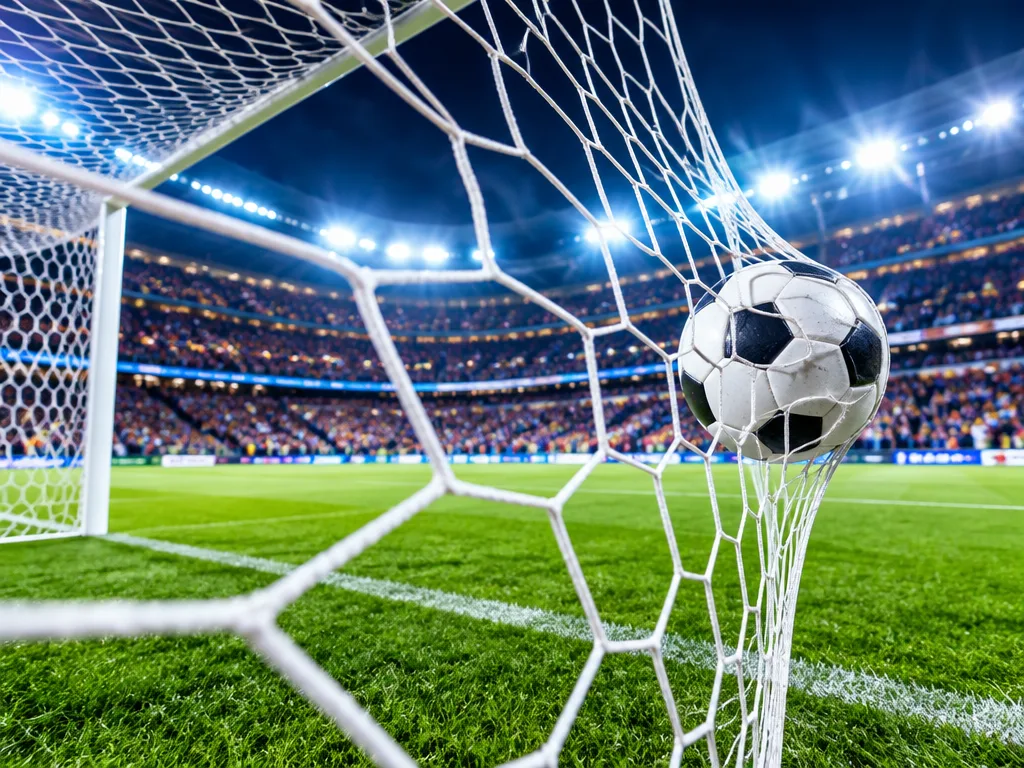 Fotboll i nätmaskorna framför en fullsatt och strålkastarupplyst arena