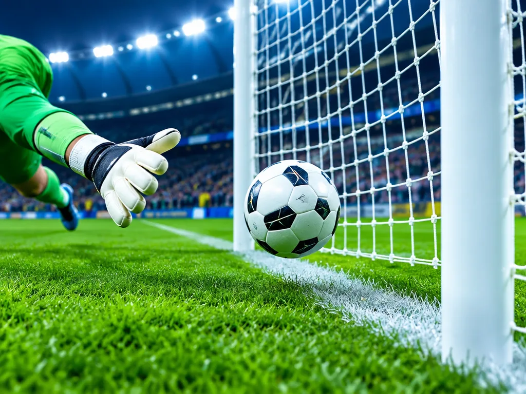Fotboll vid mållinjen framför ett vitt målnät på en strålkastarupplyst gräsplan