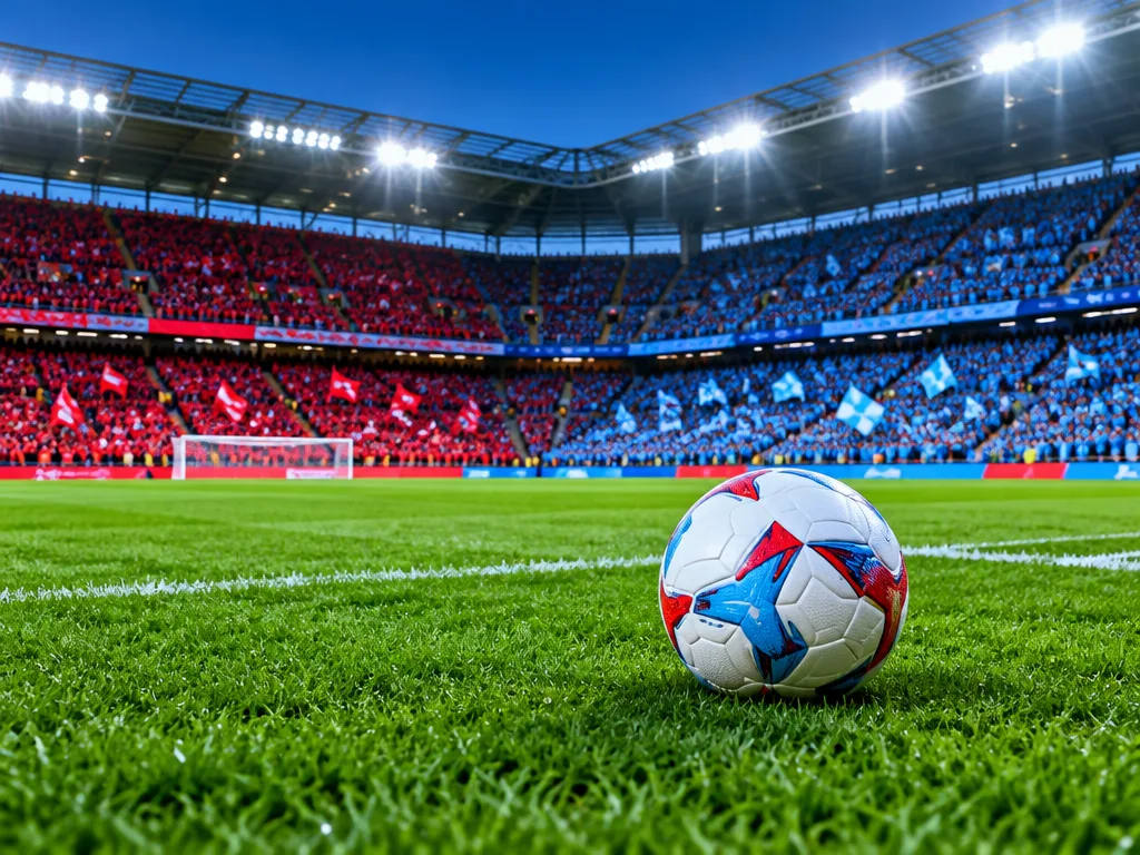 Fotboll på gräsmattan framför fullsatta läktare i strålkastarljus på en fotbollsarena