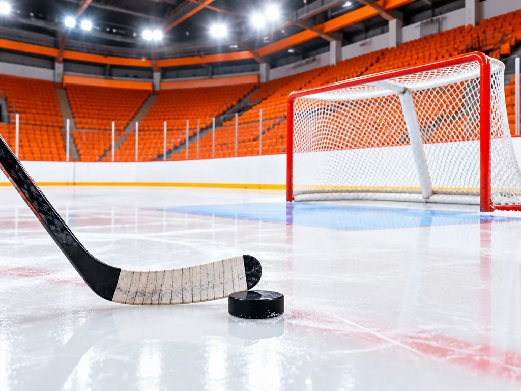 Hockeyklubba och puck på blank is framför ett mål i en tom arena med orange läktarstolar