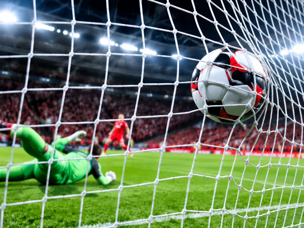 Fotboll som slår i nätet under starkt strålkastarljus på en fullsatt arena under en Champions League-kväll