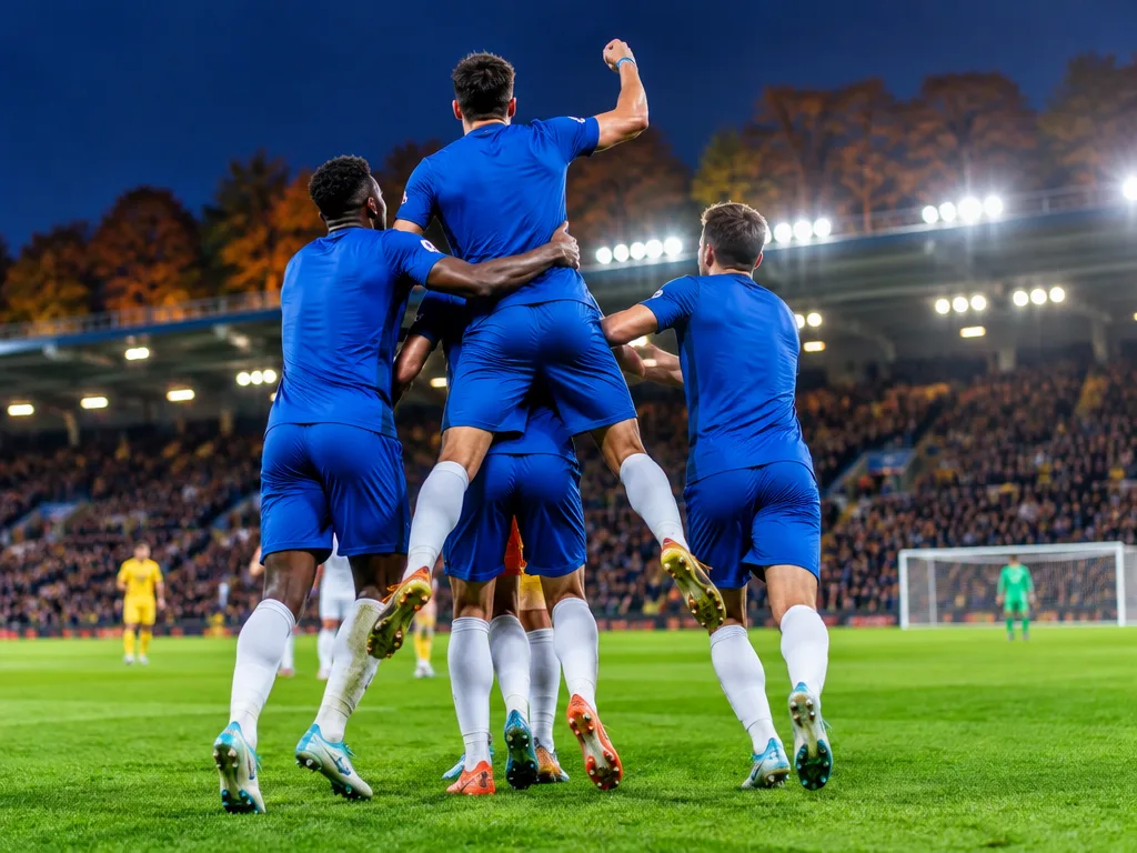 Fotbollsspelare i blå dräkter firar ett mål tillsammans på en strålkastarbelyst gräsplan en höstkväll