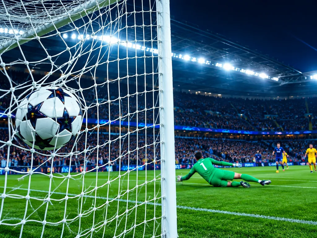 En fotboll slår i nätet framför en fullsatt europeisk arena i strålkastarljus