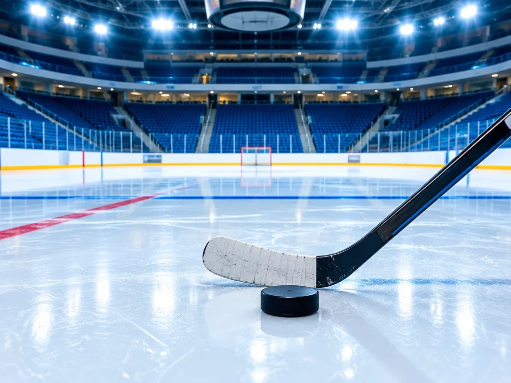Hockeyklubba och puck på nyspolad is i en upplyst hockeyarena